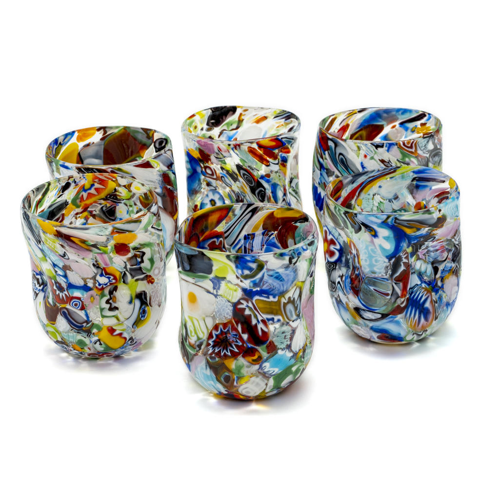 set of glasses with multi-colored murrine