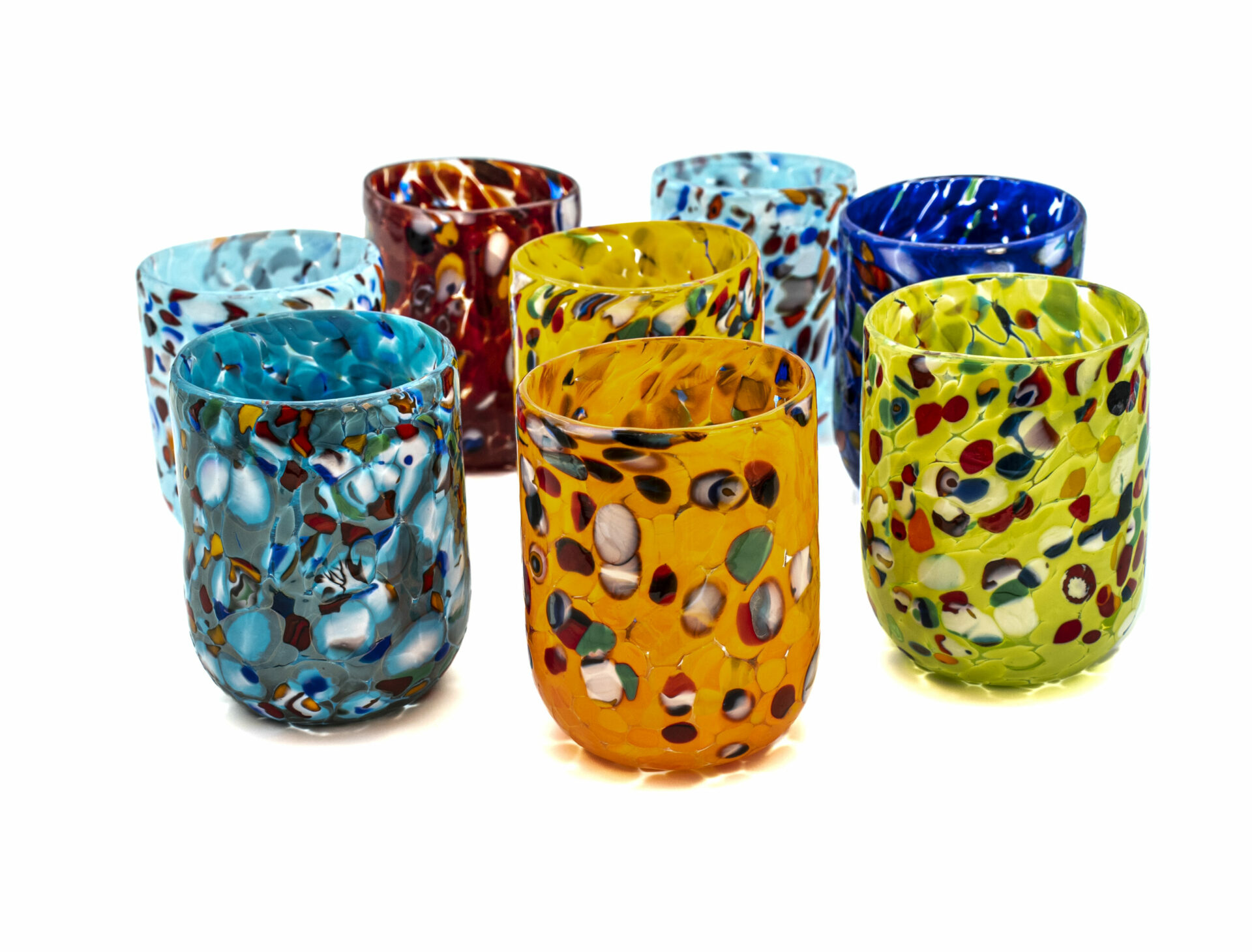 set of 8 whiskey glasses with multicolored graniglia