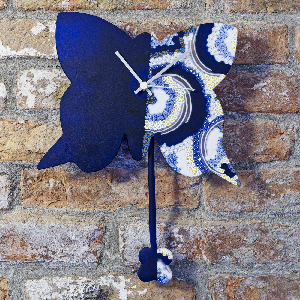 butterfly blue wall clock with murrine white and blu